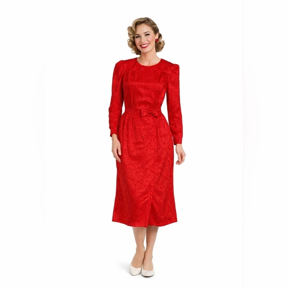 NWT Vintage Horchow 100% Silk Women's Red Dress Buttons & Bow Size 14 De…